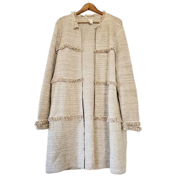 Chico's Sweaters - Chicos Fringe Cardigan Womens 3/XL Beige Longline Bohemian Capsule Wardrobe